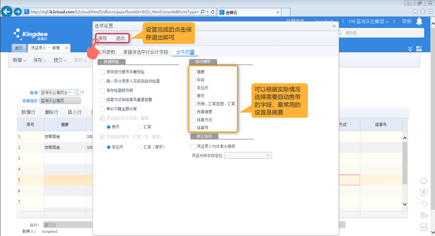 金蝶k3财务软件凭证录入业务参数选择
